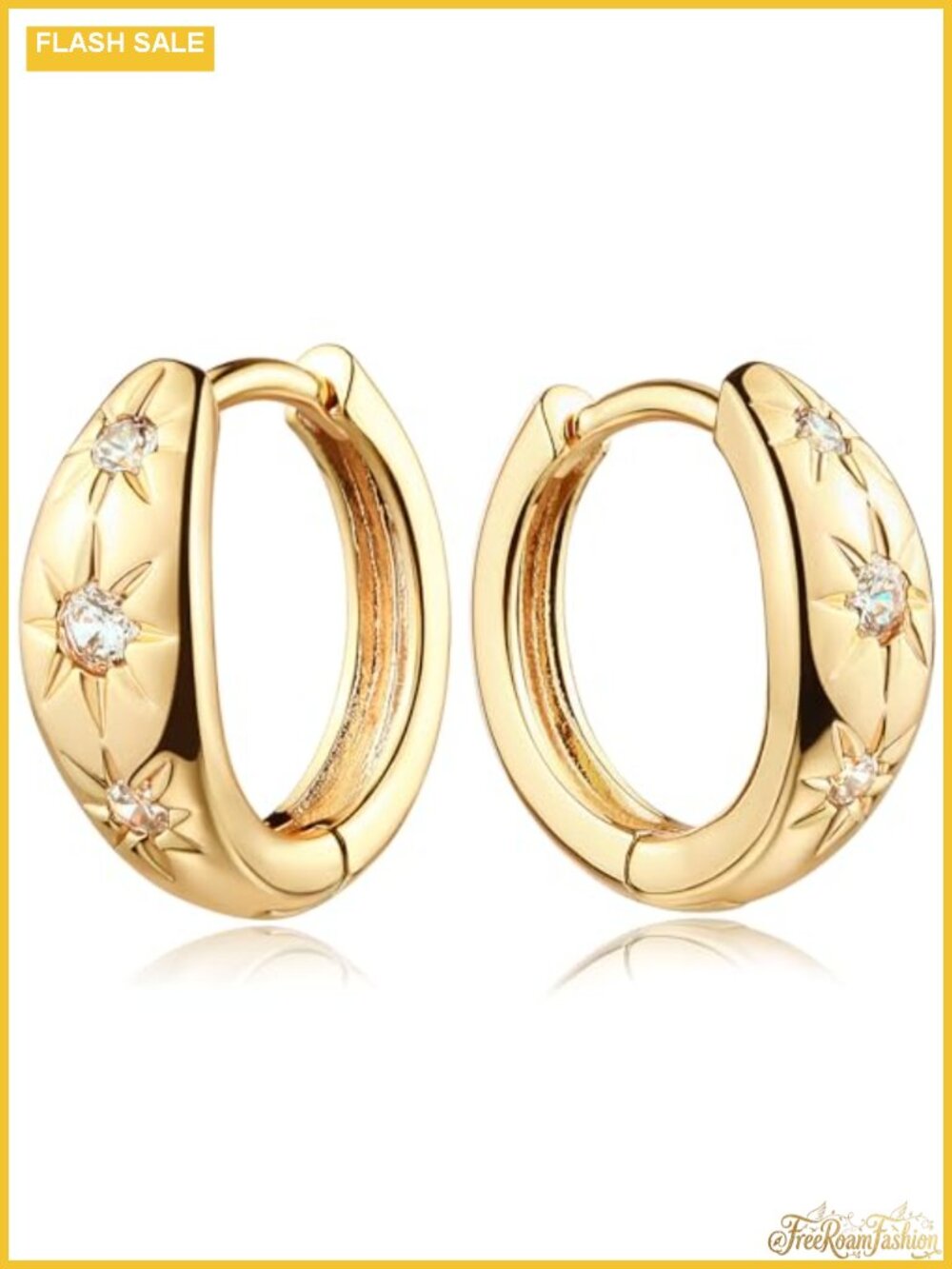 Chunky Huggie Hoop Earrings Women Starburst Cubic Zirconia 18K Gold Plated